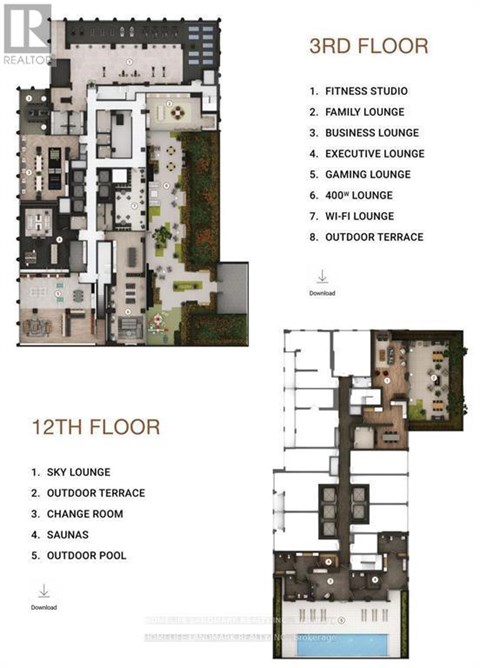 A floor plan of a building with a fitness studio, family lounge, business lounge, and other rooms.