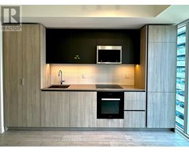 A modern kitchen with wooden cabinets and a black countertop.