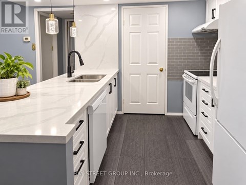 A kitchen with a sink and a white door.