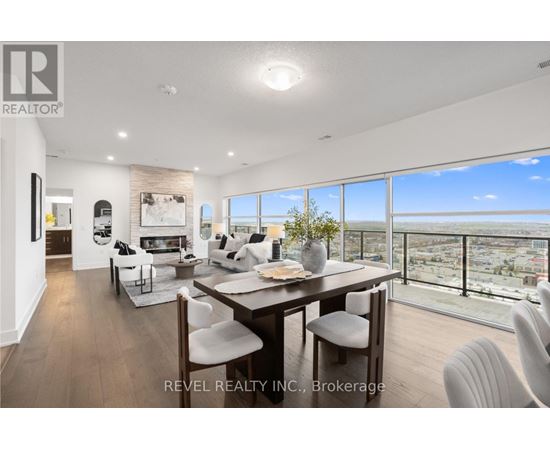 A modern dining room with a view of the city.