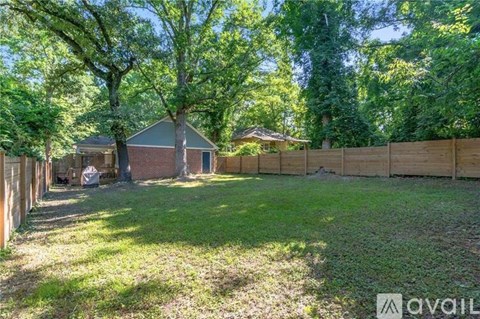 A backyard with a fence and a tree.