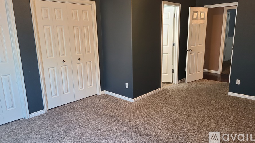 A room with carpeted floor and three doors.