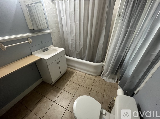 A bathroom with a toilet, sink, and shower curtain.