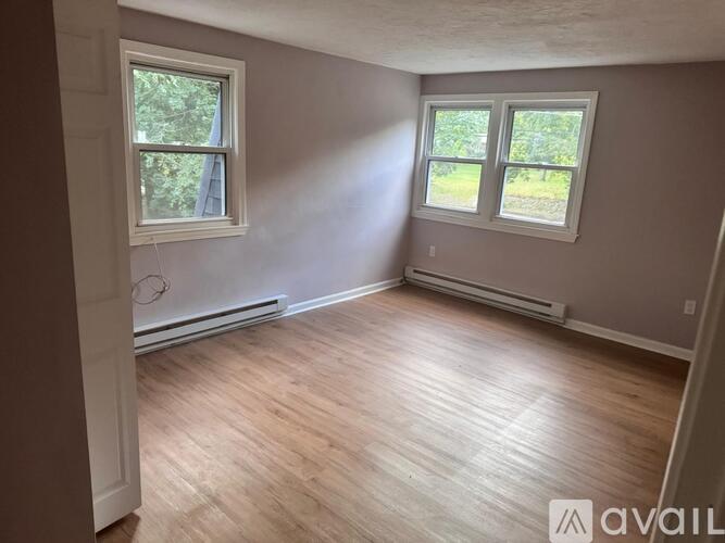 A room with wooden flooring and two windows.