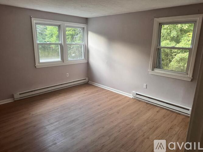 A room with wooden floors and two windows.