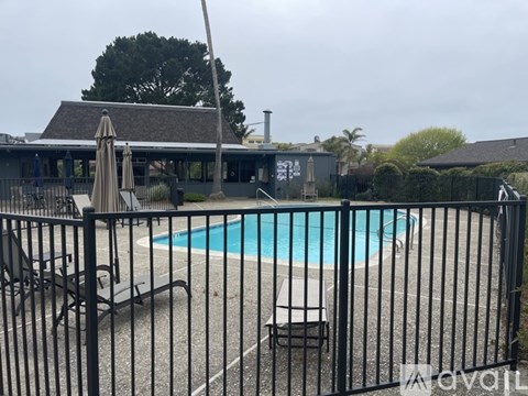 A pool surrounded by a black fence with a patio and umbrella in the background.
