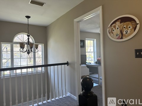 A room with a chandelier, a window with a view of trees, and a picture of two dogs on the wall.
