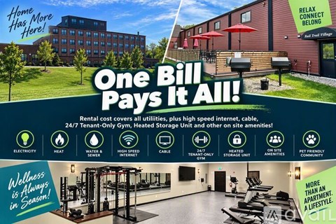 An advertisement for a fitness facility that offers a one-bill payment plan for all utilities and amenities.
