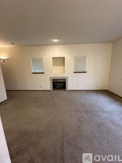 A living room with a fireplace and two windows.