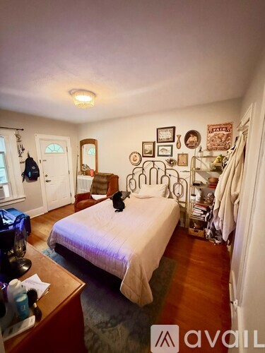 A bedroom with a bed, a dresser, a mirror, and a wall with pictures and a cat on the bed.