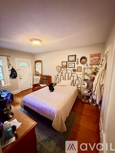 A bedroom with a bed, a dresser, a mirror, and a wall with pictures and a cat on the bed.