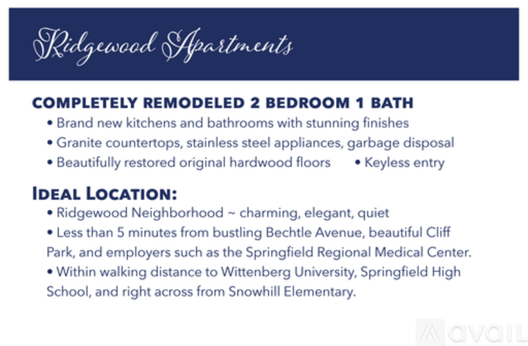 A flyer for Ridgewood Apartments advertising a 2 bedroom, 1 bath apartment.