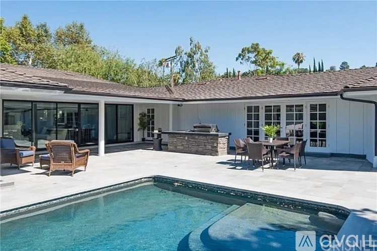 A pool in a backyard of a house.