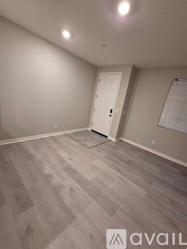 A room with a wooden floor and a white door.