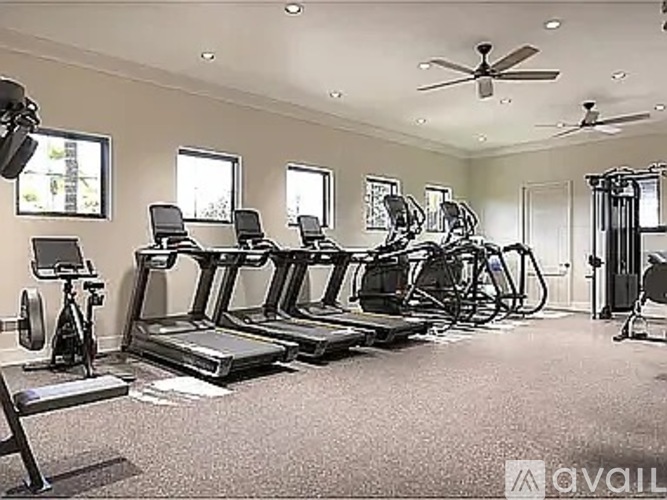 A gym with treadmills, exercise bikes, and weights.