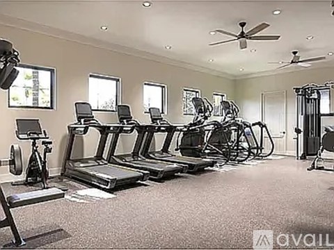 A gym with treadmills, exercise bikes, and weights.