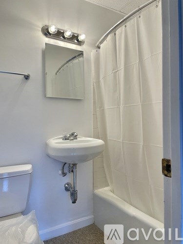 A white sink with a mirror above it and a shower with a curtain.
