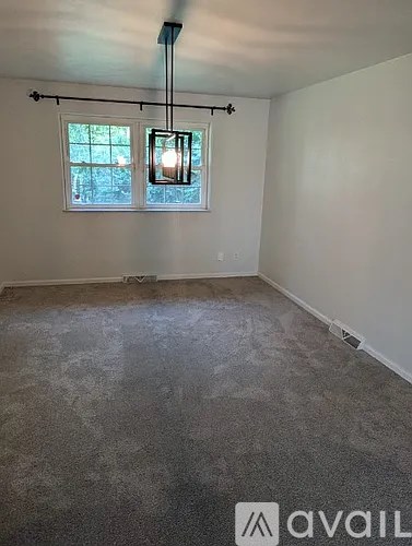 A room with a grey carpet and a window with a view of trees outside.