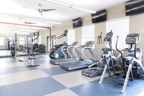 A gym with a variety of exercise equipment including treadmills, elliptical machines, and weights.