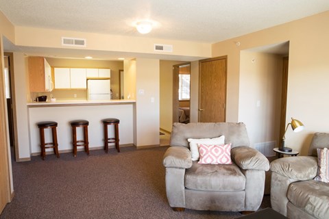 A living room with a grey couch and a kitchen area in the background.