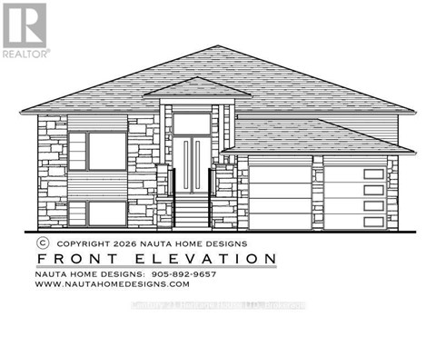 A line drawing of a house with the text "FRONT ELEVATION" on the front.