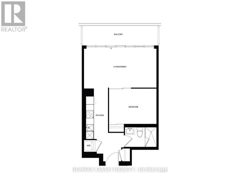 A floor plan for a real estate listing shows a bedroom, a living room, a kitchen, and a bathroom.
