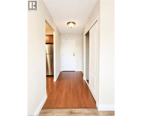 A hallway with a white door and a wooden floor.