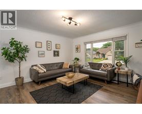 A living room with a grey couch, a coffee table, and a plant.