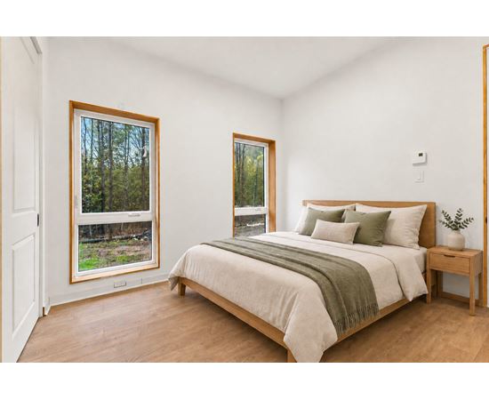 A bedroom with a large bed and two windows.