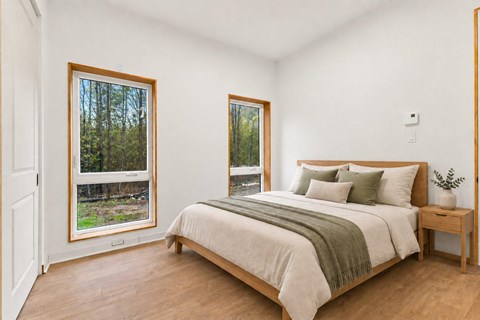 A bedroom with a large bed and two windows.