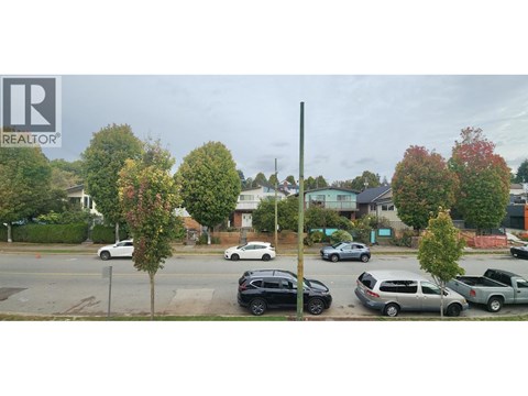 A street view with cars and trees.