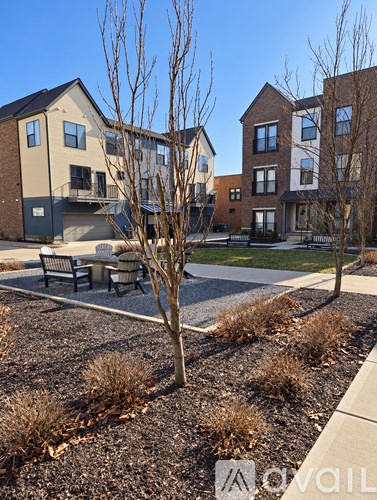 A tree in a gravel area in front of apartment buildings.