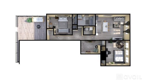 A floor plan of an apartment with a kitchen, living room, and two bedrooms.