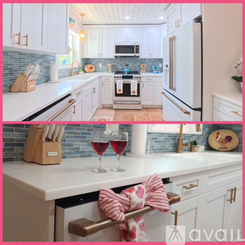 A kitchen with white cabinets and a blue tile backsplash.