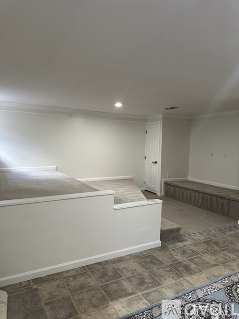 A spacious room with a bed, carpeted floor, and a door in the background.