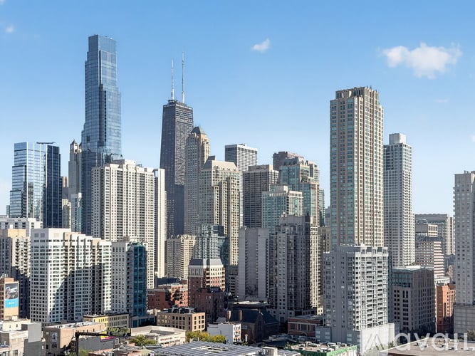 A cityscape with tall buildings and a clear sky.