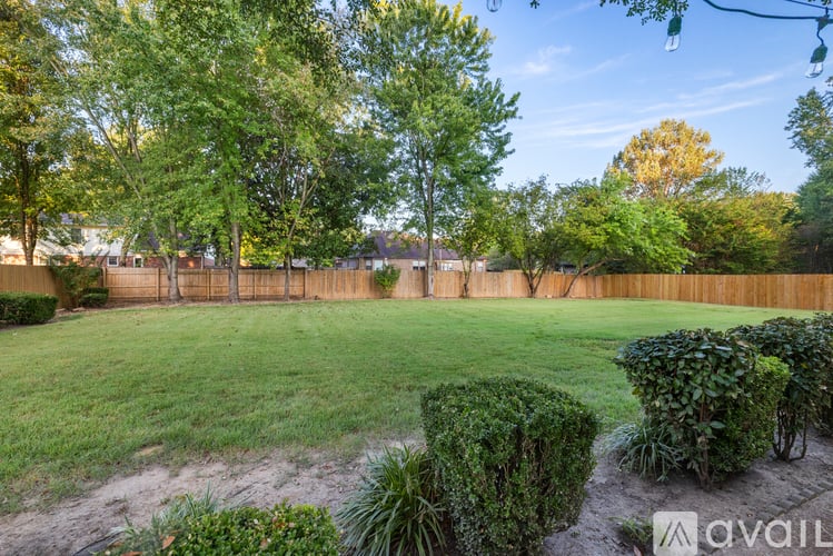 A backyard with a fence, trees, and bushes.