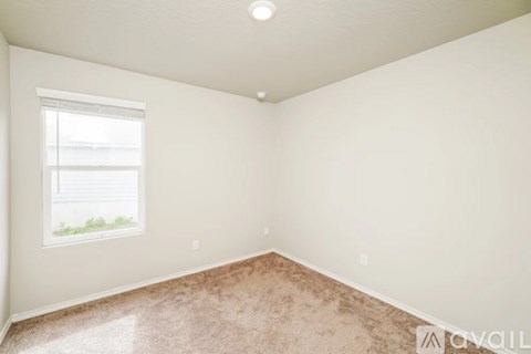 A room with a window and a carpeted floor.