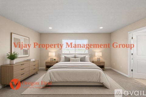 A bedroom with a large bed, two nightstands, and a plant on the dresser.