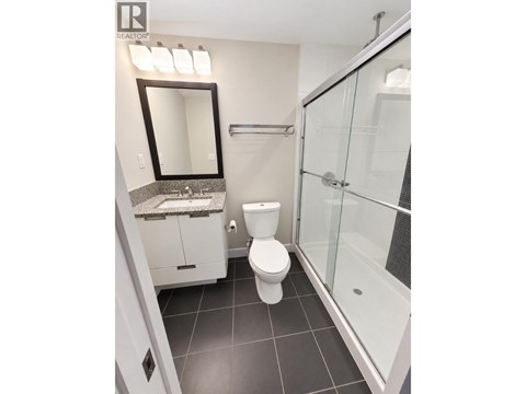 A bathroom with a toilet, sink, mirror, and shower.
