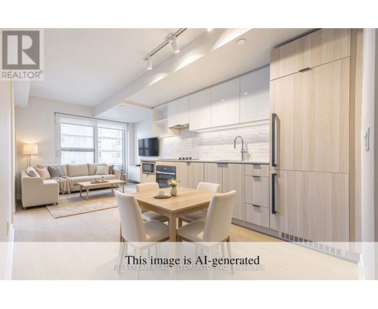A modern kitchen with a dining table and chairs.