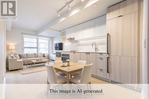 A modern kitchen with a dining table and chairs.