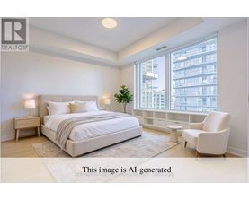 A bedroom with a large bed and a window overlooking a building.