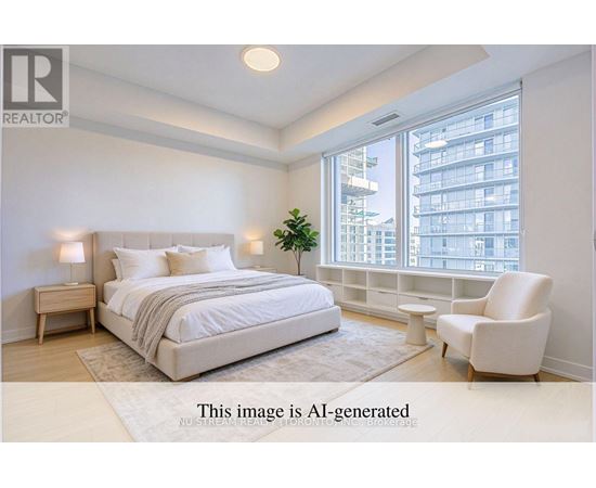 A bedroom with a large bed and a window overlooking a building.