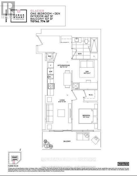 A floor plan of a one bedroom apartment with a den, interior balcony, and total square footage of 774.