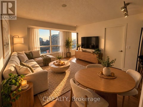 A living room with a large window overlooking the city, furnished with a couch, a coffee table, and a television.