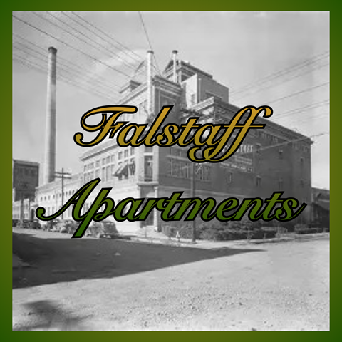 A black and white image of a building with the words "Falstaff Apartments" written across it.