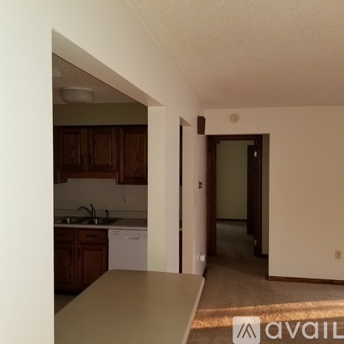 A kitchen with wooden cabinets and a white dishwasher.