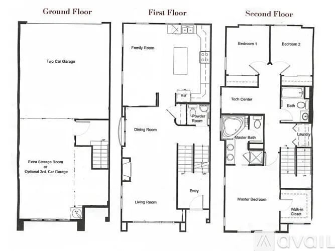A floor plan of a house with a ground floor, first floor, and second floor layout.
