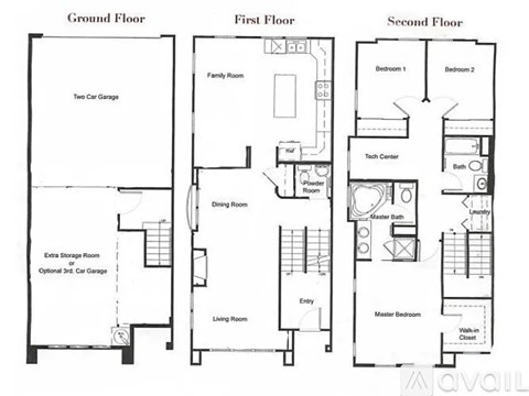A floor plan of a house with a ground floor, first floor, and second floor layout.
